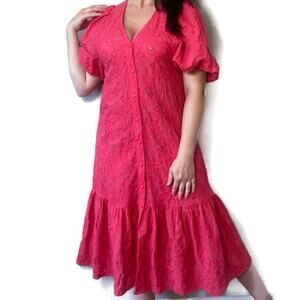 Zara The Marta Peach Eyelet Ruffle Poof Sleeve Midi Dress Size Small